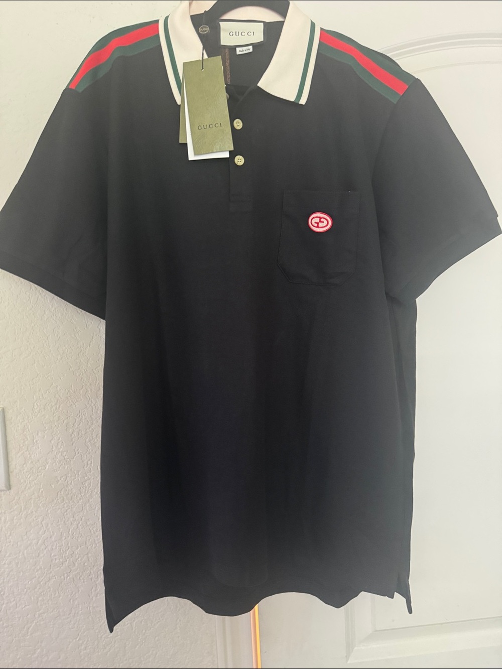 Gucci Black Polo with Red & Green Shoulder Stripes XXL